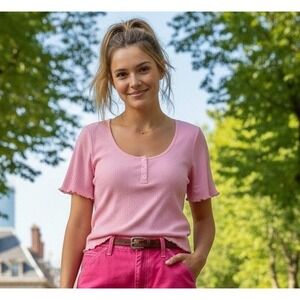 BP Top Women's Baby Pink Ruffle Edge Crop Chic Short Sleeve Ribbed Knit Size 3X